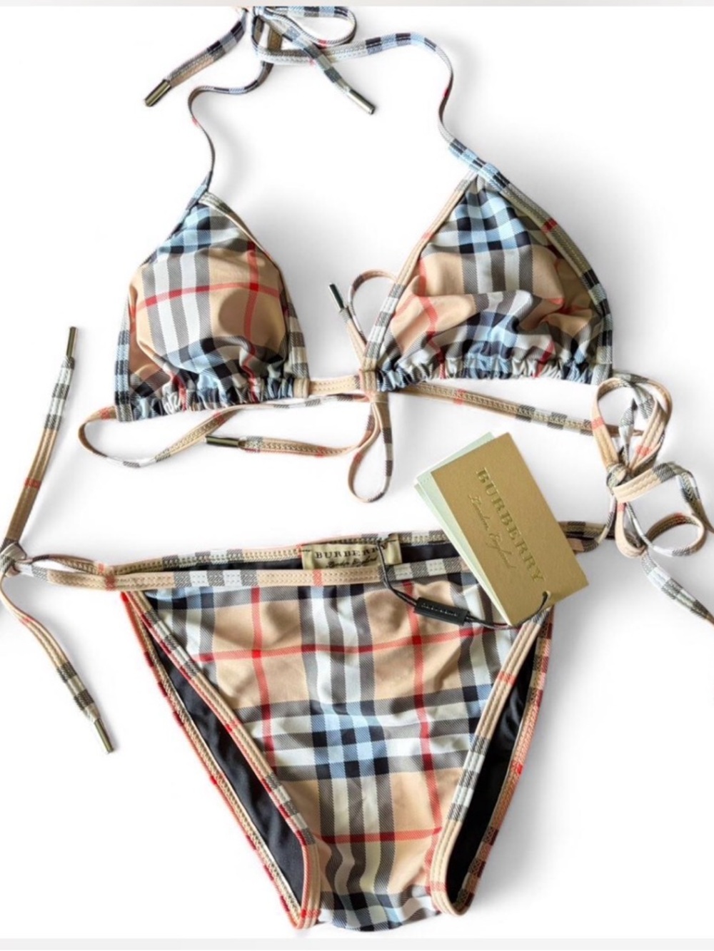 NWT 👙 $680 Burberry Check Triangle Bikini in Archive beige